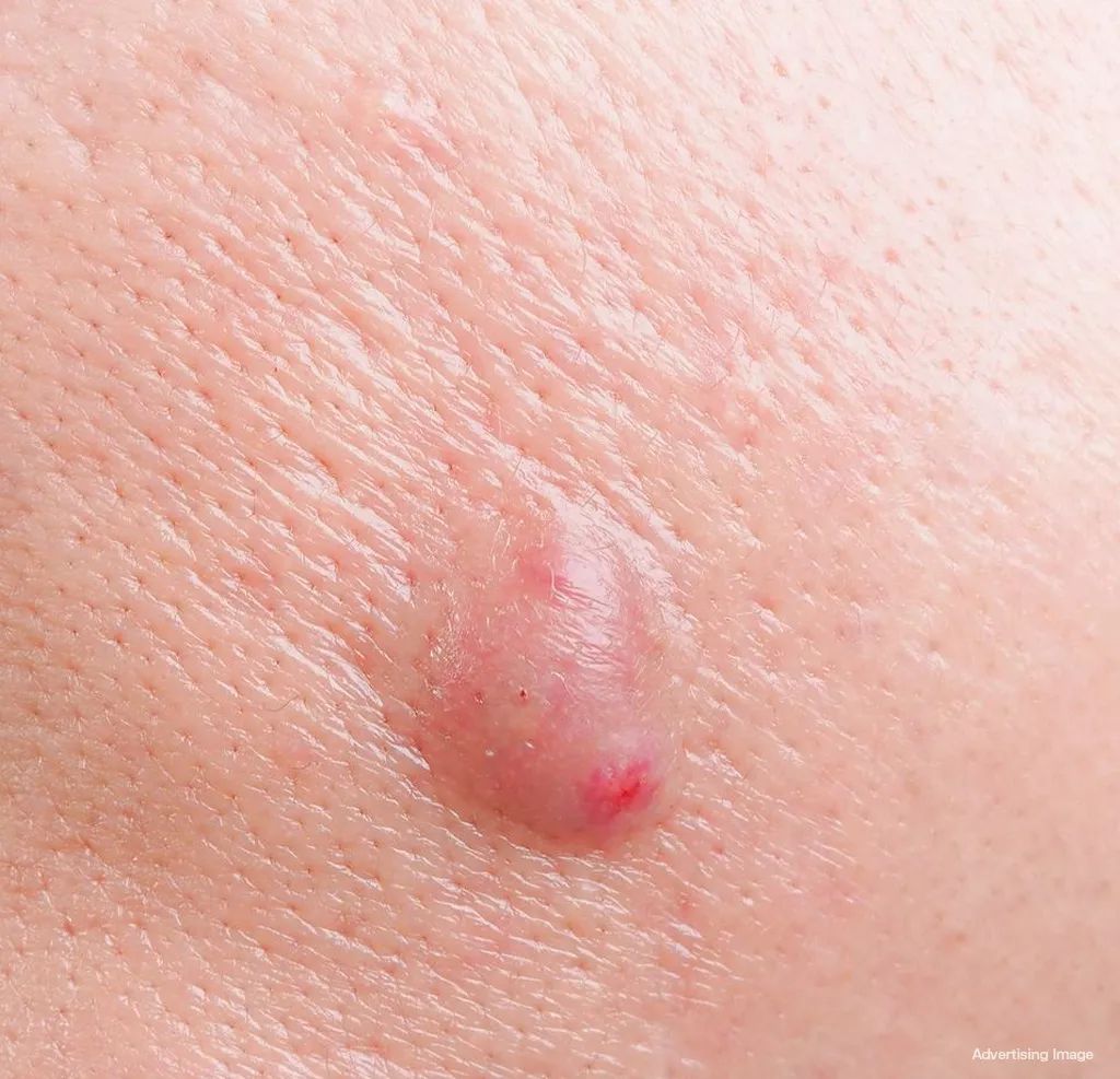 Cystic acne on face: deep inflamed cyst